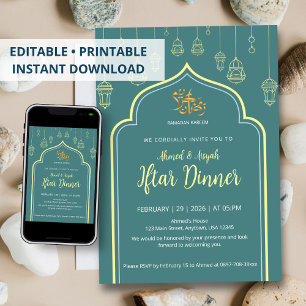 Invitación Lujo Arco de Ramadán Iftar Verde Oscuro y Dorado