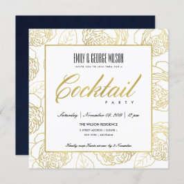 INVITACIÓN LUJO AZUL MARINO FALSO ROSA ORO FLORAL COCTELERA F
