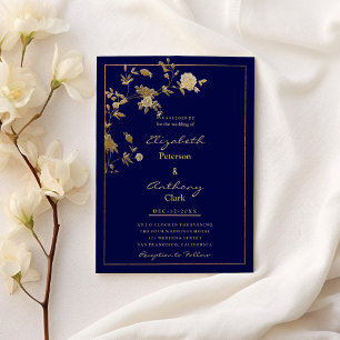 Invitación Lujo azul marino oro floral elegante Boda