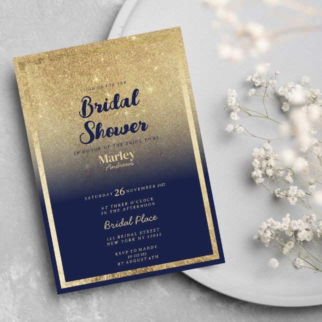 Invitación Lujo azul marino oro oscuro purpurina Bridal Showe (Luxury navy blue gold ombre glitter Bridal Shower)