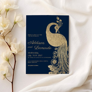 Invitación Lujo azul oro real pavo real elegante Boda