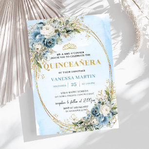 Invitación Lujo Azul Pastel Oro Eucalipto Quinceañera