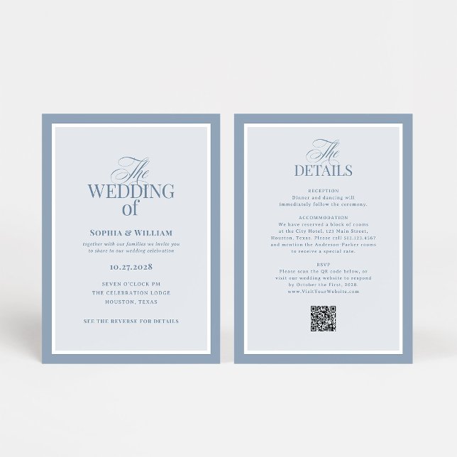 Invitación Lujo Azul Polvo con Código QR de RSVP | Boda (Subido por el creador)