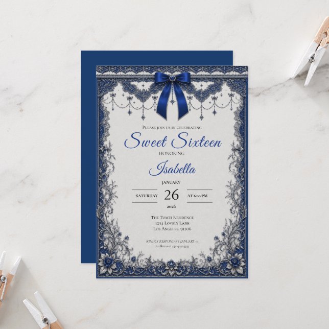 Invitación Lujo Azul Real Lazo Dulce 16 (Anverso/Reverso In Situ)
