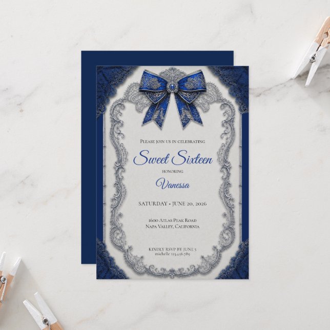 Invitación Lujo Azul Real Plata Cumpleaños 16 (Anverso/Reverso In Situ)