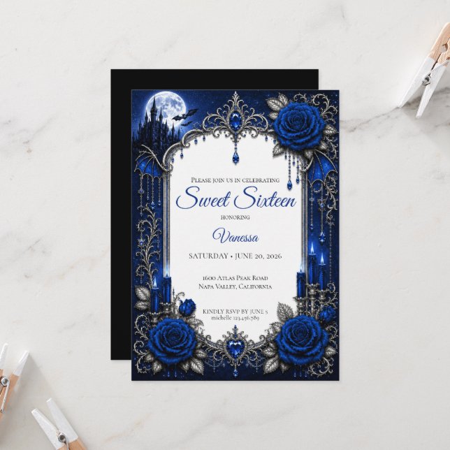 Invitación Lujo Azul Real Plata Cumpleaños 16 (Anverso/Reverso In Situ)