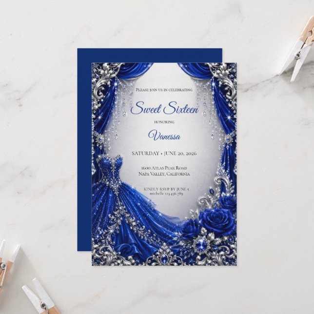 Invitación Lujo Azul Real Plata Cumpleaños 16 (Anverso/Reverso In Situ)