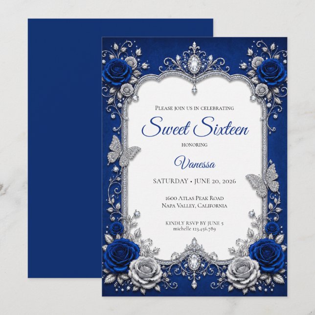 Invitación Lujo Azul Real Plata Cumpleaños 16 (Anverso / Reverso)