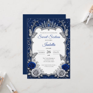 Invitación Lujo Azul Real Plata Cumpleaños 16