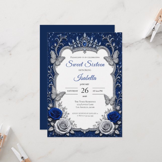 Invitación Lujo Azul Real Plata Cumpleaños 16 (Anverso/Reverso In Situ)