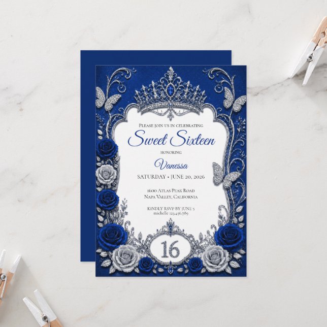 Invitación Lujo Azul Real Plata Cumpleaños 16 (Anverso/Reverso In Situ)