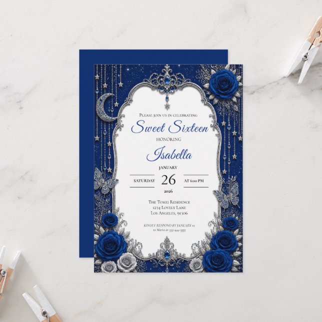 Invitación Lujo Azul Real Plata Cumpleaños 16 (Anverso/Reverso In Situ)