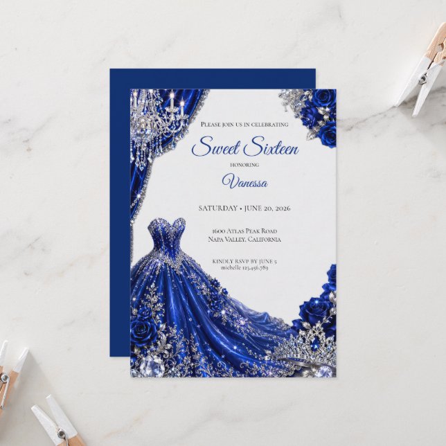 Invitación Lujo Azul Real Plata Cumpleaños 16 (Anverso/Reverso In Situ)