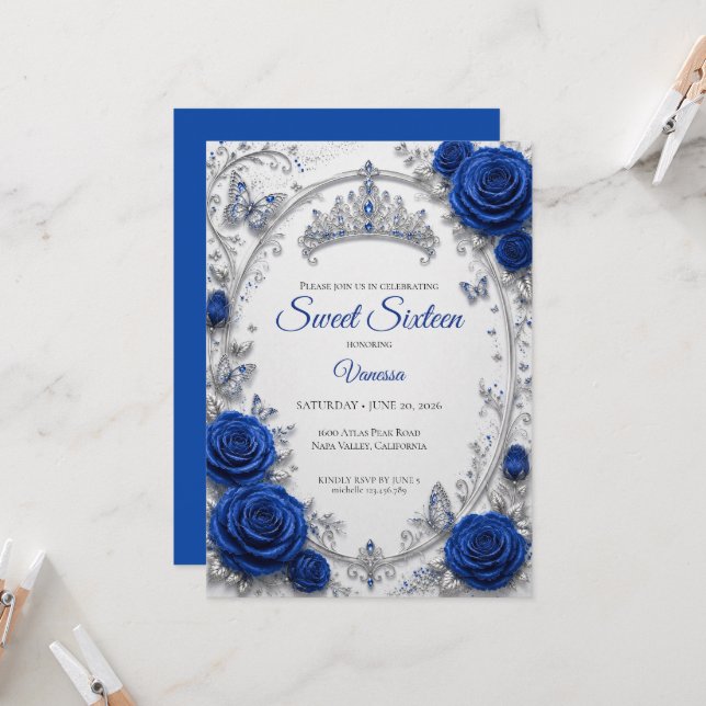 Invitación Lujo Azul Real Plata Cumpleaños 16 (Anverso/Reverso In Situ)