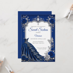Invitación Lujo Azul Real Plata Cumpleaños 16