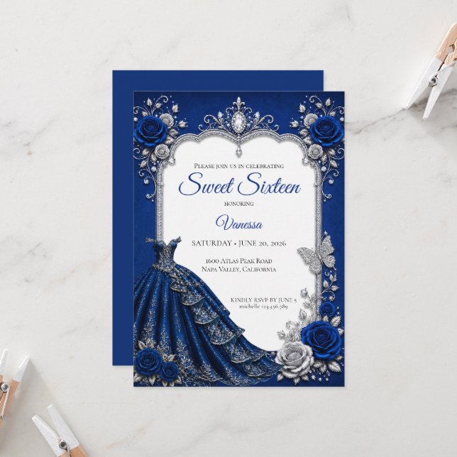 Invitación Lujo Azul Real Plata Cumpleaños 16 (Anverso/Reverso In Situ)