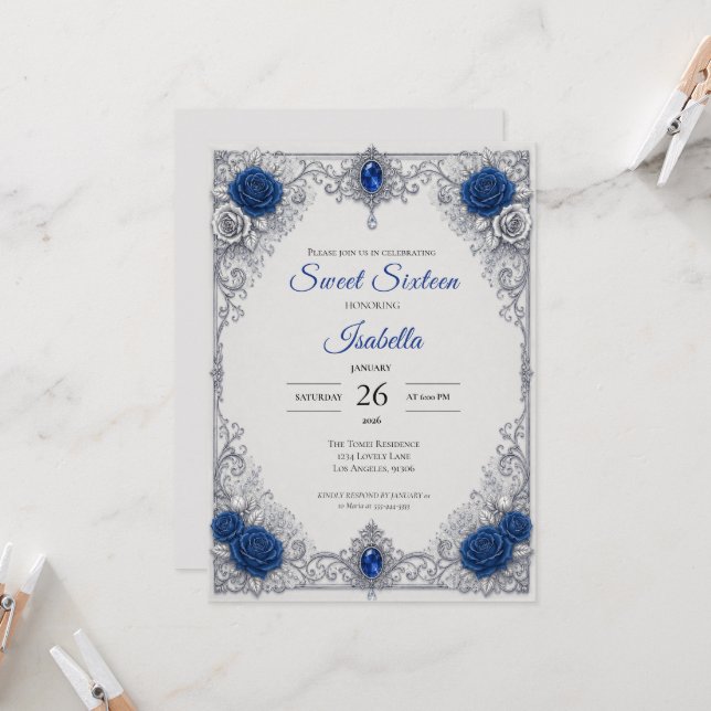 Invitación Lujo Azul Real Plata Cumpleaños 16 (Anverso/Reverso In Situ)