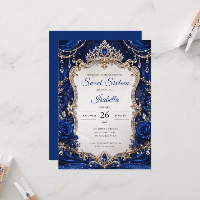 Invitación Lujo Azul Real Plata Dulces 16 (Anverso/Reverso In Situ)