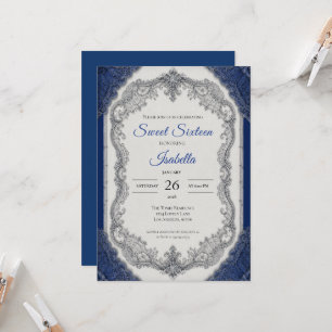 Invitación Lujo Azul Real Plata Dulces 16