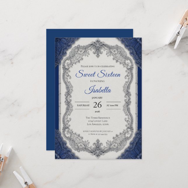 Invitación Lujo Azul Real Plata Dulces 16 (Anverso/Reverso In Situ)
