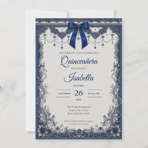 Invitación Lujo Azul Real Quinceañera Plata