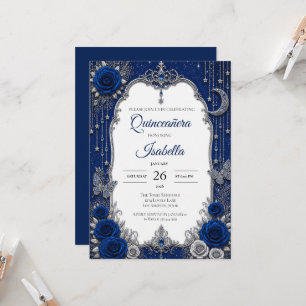 Invitación Lujo Azul Real Quinceañera Plata
