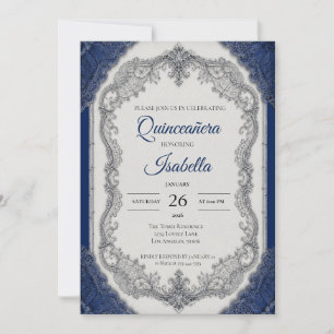 Invitación Lujo Azul Real Quinceañera Plata