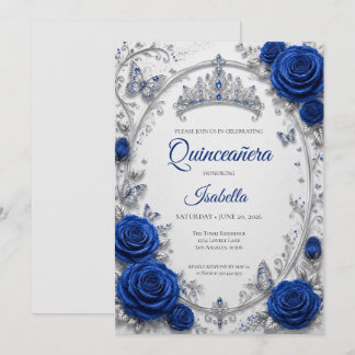 Invitación Lujo Azul Real Quinceañera Plata