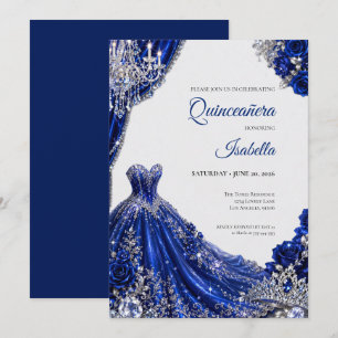 Invitación Lujo Azul Real Quinceañera Plata