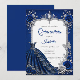 Invitación Lujo Azul Real Quinceañera Plata