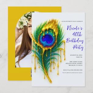 Invitación Lujo Belleza Goteo de Oro Pluma de Pavo Real Cumpl
