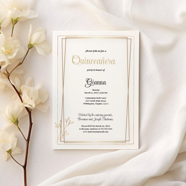 Invitación Lujo blanco y minimalista de oro Quinceañera (Luxury white and gold minimalist Quinceañera )