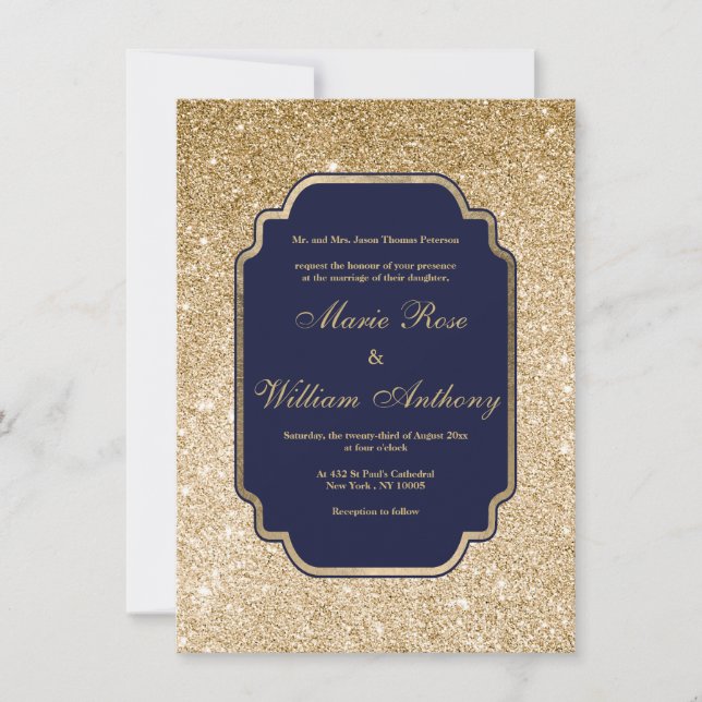 Invitación Lujo boda azul marino brillo dorado (Anverso)