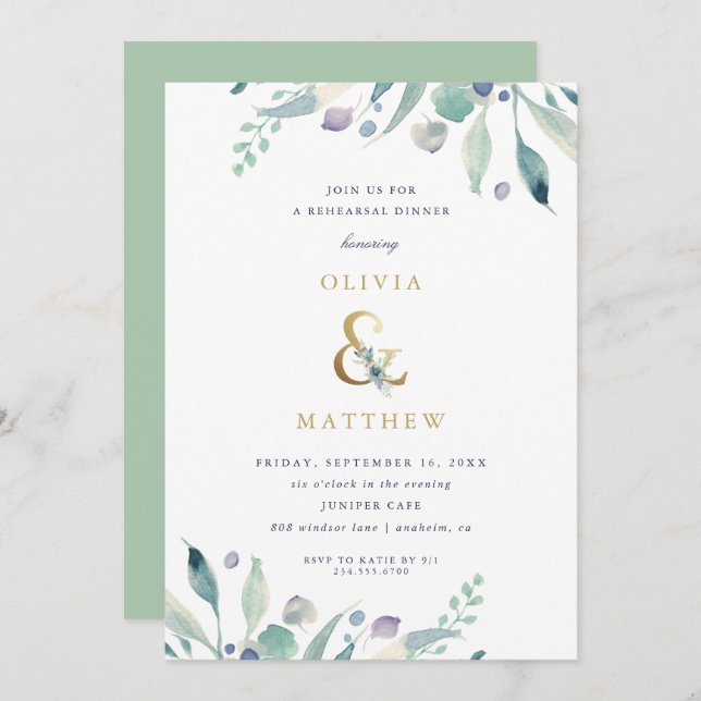 Invitación Lujo Boda Floral Ensayo Cena (Anverso / Reverso)