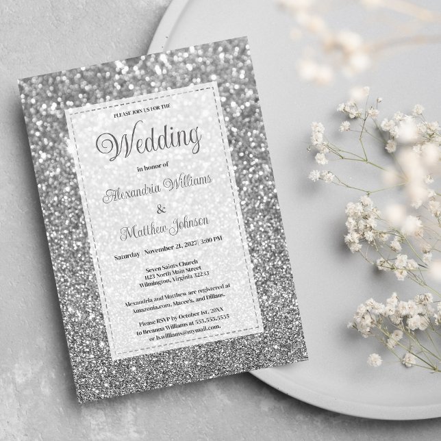 Invitación Lujo boda glam brillante brillo plateado  (Luxury silver sparkly glitter glam Wedding )