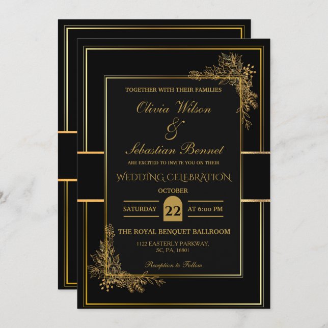 INVITACIÓN LUJO BODA NEGRO Y ORO (Anverso / Reverso)