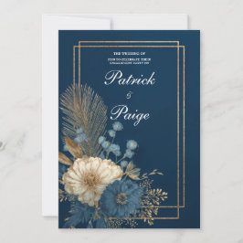Invitación Lujo Bodas Florales de Palma de Oro Azul Marinho