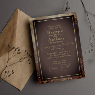 Invitación Lujo Bodca Oscura Abstracta Hoja de Oro Boda