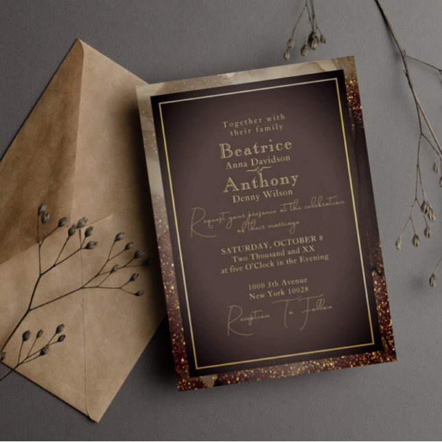 Invitación Lujo Bodca Oscura Abstracta Hoja de Oro Boda (Subido por el creador)
