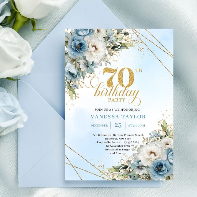 Invitación Lujo bohemio flores azules doradas 70 cumpleaños (Luxe bohemian blue florals gold 70th birthday invite

)