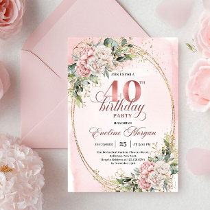Invitación Lujo Bohemio Pastel Rosa Floral 40 Cumpleaños