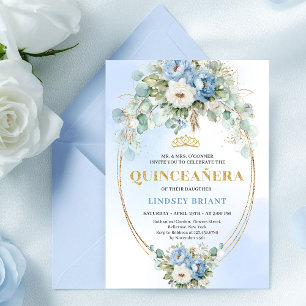 Invitación Lujo Boho Azul Floral Quinceañera Cumpleaños 15