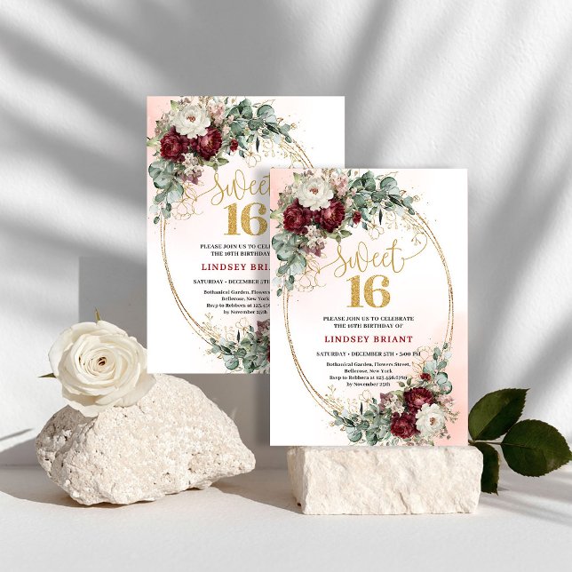 Invitación Lujo Boho Marsala Peonías Dulces Dieciséis 16 (Luxe Boho Marsala Peonies Gold Sweet Sixteen Invite)