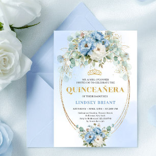 Invitación Lujo Boho Peonías Azules Quinceañera Imprimible
