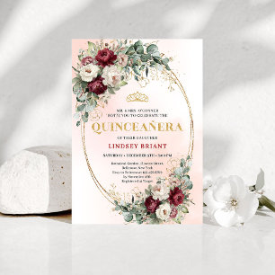 Invitación Lujo Boho Peonías Rojas Profundas Eucalipto Quince