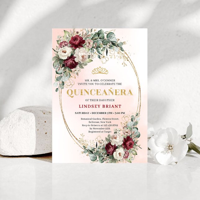 Invitación Lujo Boho Peonías Rojas Profundas Eucalipto Quince (Luxe Deep Red Peonies Eucalyptus Quinceañera Invite)