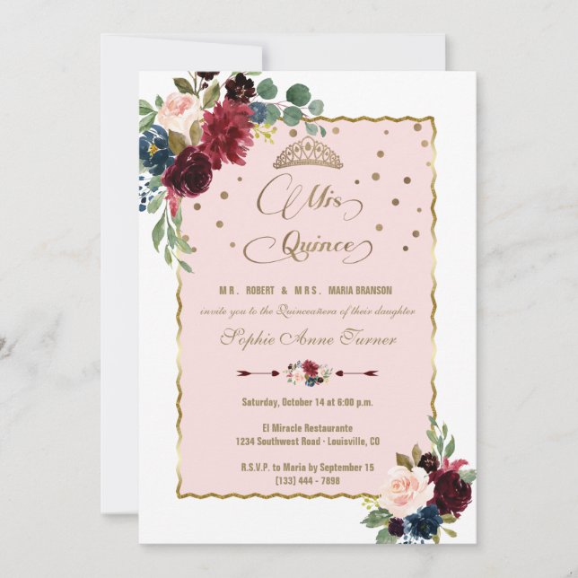 Invitación Lujo Borgoña Floral Gold Mis Quince Quinceañera (Anverso)