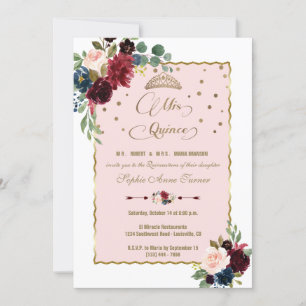 Invitación Lujo Borgoña Floral Gold Mis Quince Quinceañera