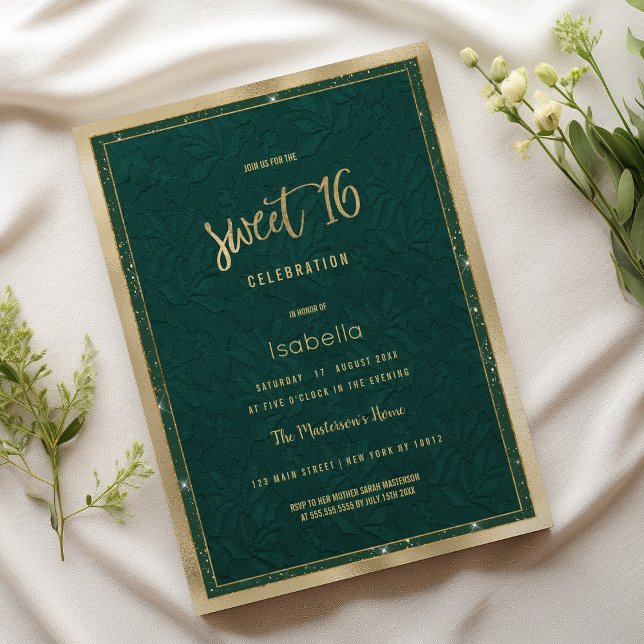 Invitación Lujo bosque dorado florido encaje Sweet 16 (Luxury forest green gold floral lace Sweet 16)