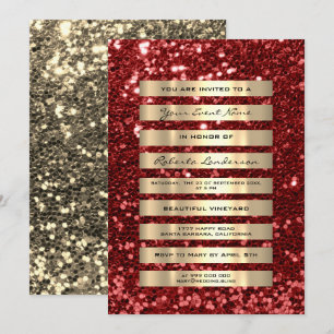Invitación Lujo Brillo Dorado Rayas Champán Rojo Rubin